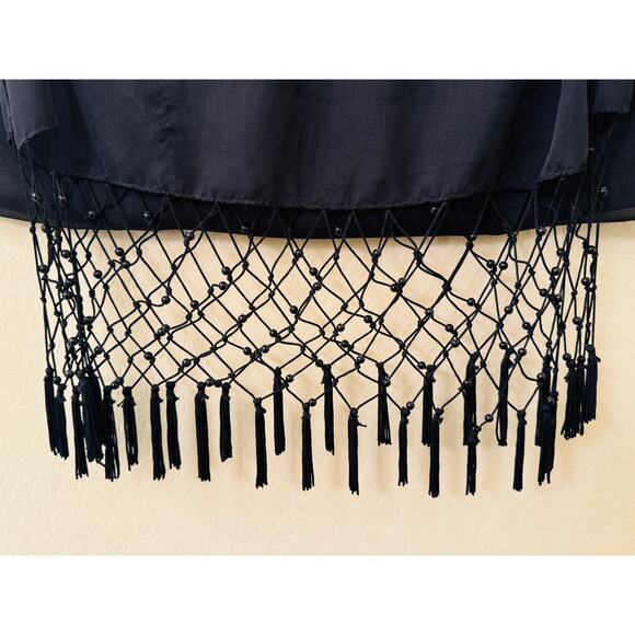 Vintage Black Sheer Scarf Shawl with Beaded Fringe Edges - Picture 4 of 4